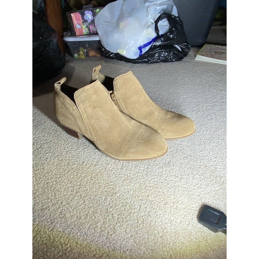 Diba True Tan Suede Ankle Boots Women's Size 10 Side Zip Stacked Heel Booties
